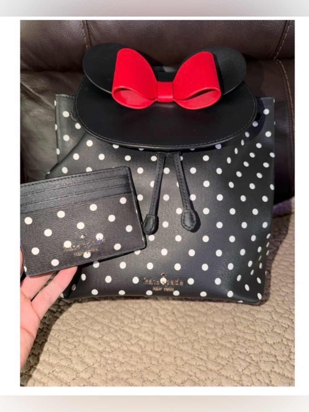 kate spade Black & White Polka Dot Minnie Backpack with Red Bow